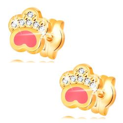 Šperky Eshop - Náušnice zo žltého 14K zlata, psia labka s ružovou glazúrou a zirkónmi S2GG32.25