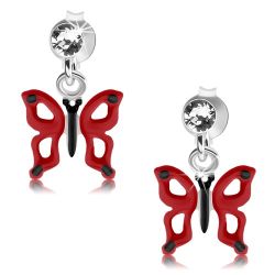 Šperky Eshop - Puzetové náušnice, striebro 925, číry krištáľ Swarovski, červeno-čierny motýľ PC24.08