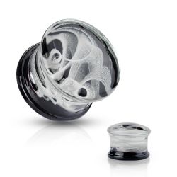 Sedlový plug do ucha Pyrex sklo - vzor biely dym s čiernym zakončením  G25.01 - Hrúbka: 10 mm