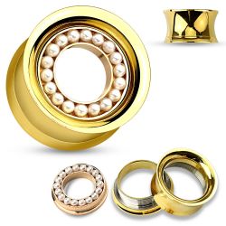 Sedlový tunel do ucha z ocele 316L v zlatom odtieni, lemovaný bielymi perličkami v kruhu X38.04 - Hrúbka: 16  mm