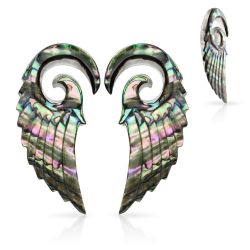 Šperky Eshop - Expandery z organického materiálu, špirála s anjelským krídlom, mušľa Paua AB31.21 - Hrúbka: 3 mm