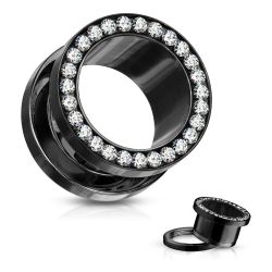 Šperky Eshop - Oceľový tunel do ucha, číre zirkóny v kruhu, čierna farba, PVD AB41.01 - Hrúbka: 3 mm