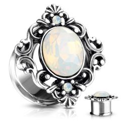 Šperky Eshop - Sedlový tunel do ucha striebornej farby, oválny syntetický opál, filigrán AB40.04 - Hrúbka: 14 mm
