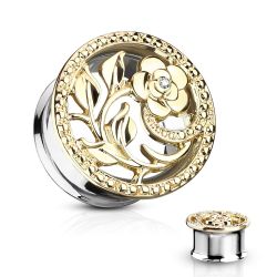 Šperky Eshop - Sedlový tunel do ucha z chirurgickej ocele, vyrezávaný kvet, číry zirkónik, zlatá farba M18.11 - Hrúbka: 14 mm