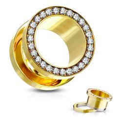 Šperky Eshop - Tunel do ucha z chirurgickej ocele, číre zirkóny v kruhu, zlatá farba, PVD AB40.03 - Hrúbka: 3 mm