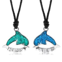 Dva šnúrkové náhrdelníky, zelený a modrý delfín, glazúra, BEST FRIEND Z2.2