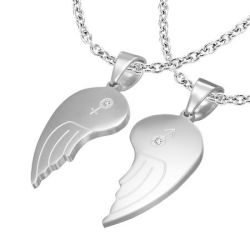 Dvojprívesok z ocele 316L, anjelské krídla, symboly ONA a ON, číre zirkóny, S59.17