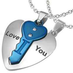 Oceľový dvojprívesok, srdce striebornej farby s modrým kľúčikom, nápis, zirkóny Z8.10