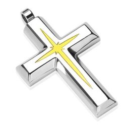 Oceľový prívesok - kríž s vnútorným menším krížikom zlatej farby G03.09
