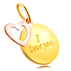 Prívesok z kombinovaného 585 zlata - okrúhla známka s nápisom 'I love you', kontúra srdca S1GG236.40