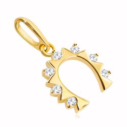 Šperky Eshop -  Zlatý prívesok 585 - podkovička pre šťastie so zirkónmi čírej farby GG121.16