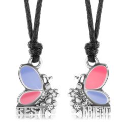 Šperky Eshop - Dva náhrdelníky pre priateľov, ružovo-fialové motýle, kvietky, BEST FRIEND S56.14