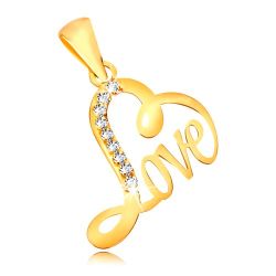 Šperky Eshop - Lesklý prívesok v 9K žltom zlate - kontúra srdca a nápis 'Love', číre zirkóny S1GG55.46