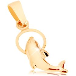 Šperky Eshop - Lesklý prívesok zo žltého 9K zlata - delfín preskakujúci cez obruč GG44.06