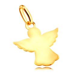 Šperky Eshop - Lesklý zlatý 585 prívesok - anjelik s vyrezávanými rozprestretými krídlami a rúchom S2GG70.15