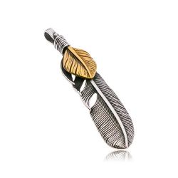 Šperky Eshop - Oceľový prívesok, spojené patinované pierka striebornej a zlatej farby AA44.26