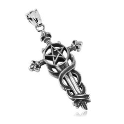 Šperky Eshop - Patinovaný prívesok, oceľ 316L, veľký ľaliový kríž s hadmi, pentagram SP82.01