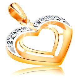 Šperky Eshop - Prívesok v 14K zlate - dve srdcové kontúry v dvojfarebnom prevedení, zirkóny S3GG194.65