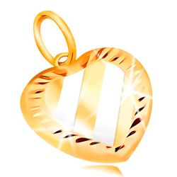 Šperky Eshop - Prívesok v 14K zlate - dvojfarebné srdce so šikmými pásmi a zárezmi po obvode S3GG211.63