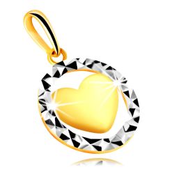 Šperky Eshop - Prívesok v 375 kombinovanom zlate - obrys kruhu s trojuholníkovým rezom, vypuklé srdce S4GG245.16