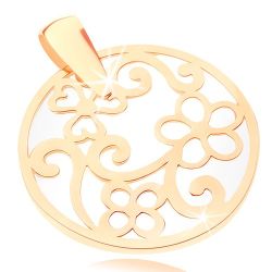 Šperky Eshop - Prívesok v žltom 9K zlate - kontúra kruhu s ornamentami, perleťový podklad GG82.04