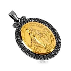 Šperky Eshop - Prívesok zo striebra 925 - Zázračná medaila v zlatom odtieni, ozdobný okraj tmavosivej farby R39.07
