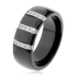 Čierny keramický prsteň s hladkým povrchom, tri oceľové pásy so zirkónmi H1.9 - Veľkosť: 51 mm
