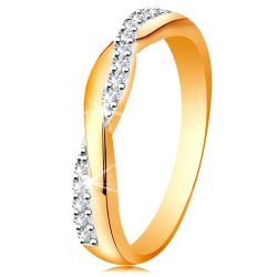 Lesklý prsteň zo 14K zlata - dve prepletené vlnky - hladká a zirkónová S3GG190.64/72 - Veľkosť: 52 mm
