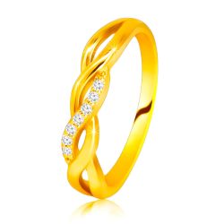 Lesklý prsteň zo 14K žltého zlata - prepletené vlnky, briliantová línia BT507.19/24 - Veľkosť: 52 mm