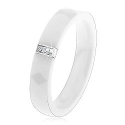 Šperky Eshop - Biely keramický prsteň s hladkým povrchom, oceľový obdĺžnik so zirkónmi AC16.22 - Veľkosť: 52 mm