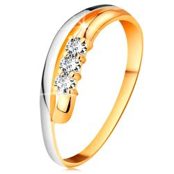 Šperky Eshop - Briliantový prsteň v 14K zlate, zvlnené dvojfarebné línie ramien, tri číre diamanty BT178.85/91/S3BT508.34/35 - Veľkosť: 53 mm
