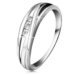 Šperky Eshop - Briliantový prsteň z bieleho 14K zlata, zvlnené línie ramien, tri číre diamanty BT179.21/27/BT505.74 - Veľkosť: 49 mm