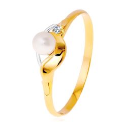 Šperky Eshop - Diamantový prsteň zo 14K zlata, dvojfarebné vlnky, číry briliant a biela perla BT504.07/12 - Veľkosť: 48 mm