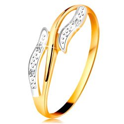 Šperky Eshop - Diamantový prsteň zo 14K zlata, zvlnené dvojfarebné ramená, tri číre diamanty BT180.11/17 - Veľkosť: 60 mm
