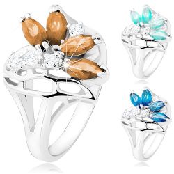 Šperky Eshop - Ligotavý prsteň s rozdelenými ramenami, číre a farebné zirkóny, stuha R40.31 - Veľkosť: 52 mm, Farba: Hnedá