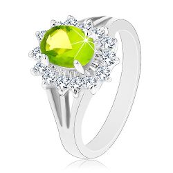 Šperky Eshop - Ligotavý prsteň s rozdelenými ramenami, zirkónový ovál v zelenej farbe V01.18 - Veľkosť: 62 mm
