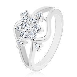 Šperky Eshop - Ligotavý prsteň striebornej farby, rozdelené zvlnené ramená, číry kvet R29.22 - Veľkosť: 59 mm