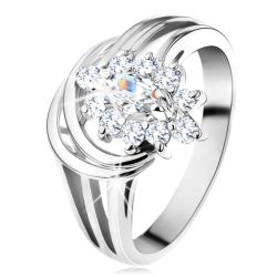 Šperky Eshop - Ligotavý prsteň, rozvetvené ramená v striebornom odtieni, číry zirkónový kvet G10.06 - Veľkosť: 50 mm