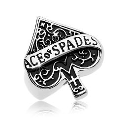 Šperky Eshop - Mohutný prsteň z ocele 316L, patinovaný symbol pikového esa, nápis AB35.16/17 - Veľkosť: 68 mm