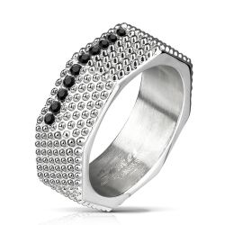 Šperky Eshop - Oceľový prsteň - industriálny štýl, mohutná skrutka s výčnelkami a čiernymi zirkónmi C34.16 - Veľkosť: 70 mm