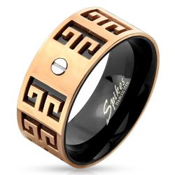 Šperky Eshop - Oceľový prsteň - medeno-čierna kombinácia, vyryté symboly, malá skrutka, 9 mm M07.19 - Veľkosť: 65 mm