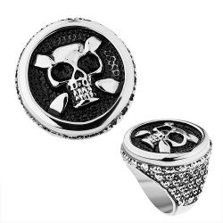 Šperky Eshop - Oceľový prsteň v striebornom odtieni, kruh, patinovaná lebka, srdcia, bodky Z39.15/16 - Veľkosť: 66 mm