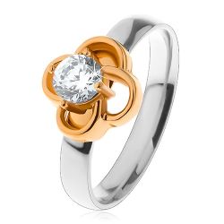 Šperky Eshop - Oceľový prsteň v striebornom odtieni, kvietok zlatej farby s čírym zirkónom S22.19 - Veľkosť: 58 mm