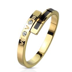 Šperky Eshop - Oceľový prsteň zlatej farby - rímske číslice, dva číre zirkóniky, úzky pás s čiernou glazúrou, 2 mm AB38.18 - Veľkosť: 57 mm