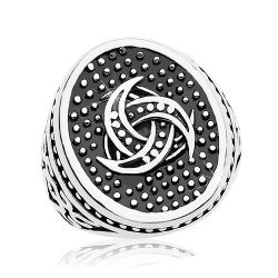 Šperky Eshop - Oceľový prsteň, bodkovaný ovál s keltským motívom, ornamenty na ramenách AB36.01/02 - Veľkosť: 64 mm