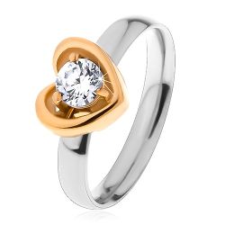 Šperky Eshop - Prsteň z ocele 316L - dvojfarebné prevedenie, kontúra srdca, číry zirkón S22.23 - Veľkosť: 49 mm