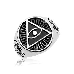 Šperky Eshop - Prsteň z ocele 316L, čierny patinovaný kruh a trojuholník s okom AB35.14 - Veľkosť: 59 mm