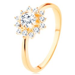 Šperky Eshop - Prsteň zo žltého 14K zlata - číre zirkónové slnko, lesklé úzke ramená S3GG127.05/127.20/127.24 - Veľkosť: 54 mm