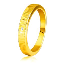 Šperky Eshop - Prsteň zo žltého 14K zlata - jemné ozdobné zárezy, číry zirkón, 1,5 mm S3GG248.49/54 - Veľkosť: 49 mm