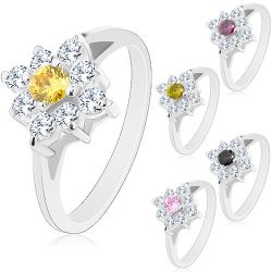 Šperky Eshop - Trblietavý prsteň so zúženými ramenami, číry štvorček s farebným stredom R30.6 - Veľkosť: 50 mm, Farba: Ružová
